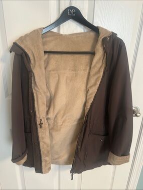 Brown Hooded Fleece-Lined reversible Jacket